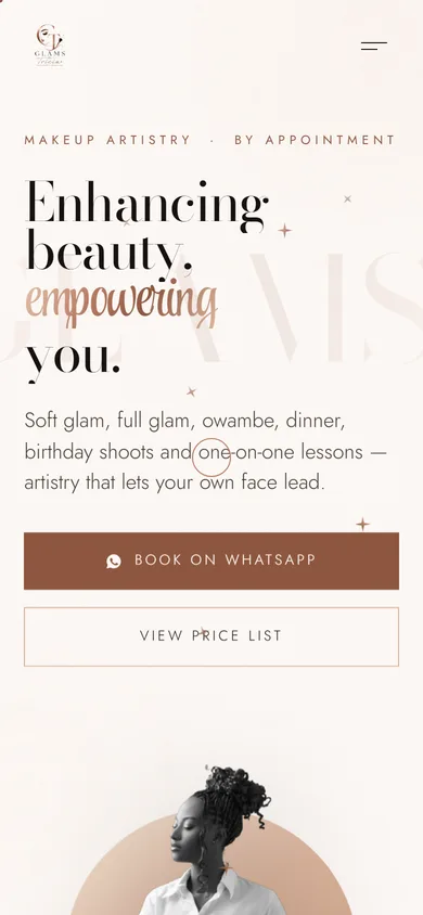 Glams by Tricia website on a phone